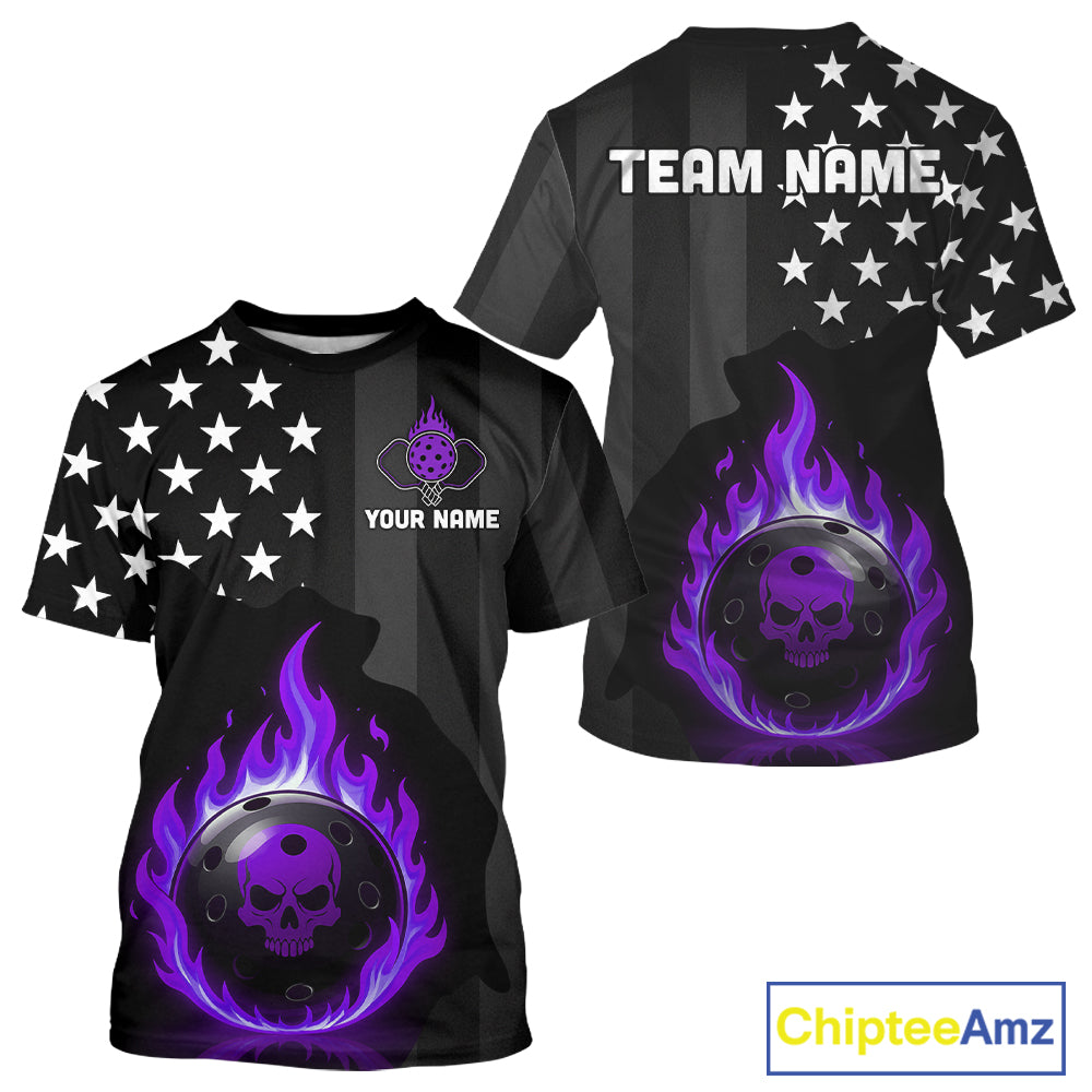 Custom Purple Flames Pickleball Ball 3D League Jerseys Pickleball US Flag Team Shirts