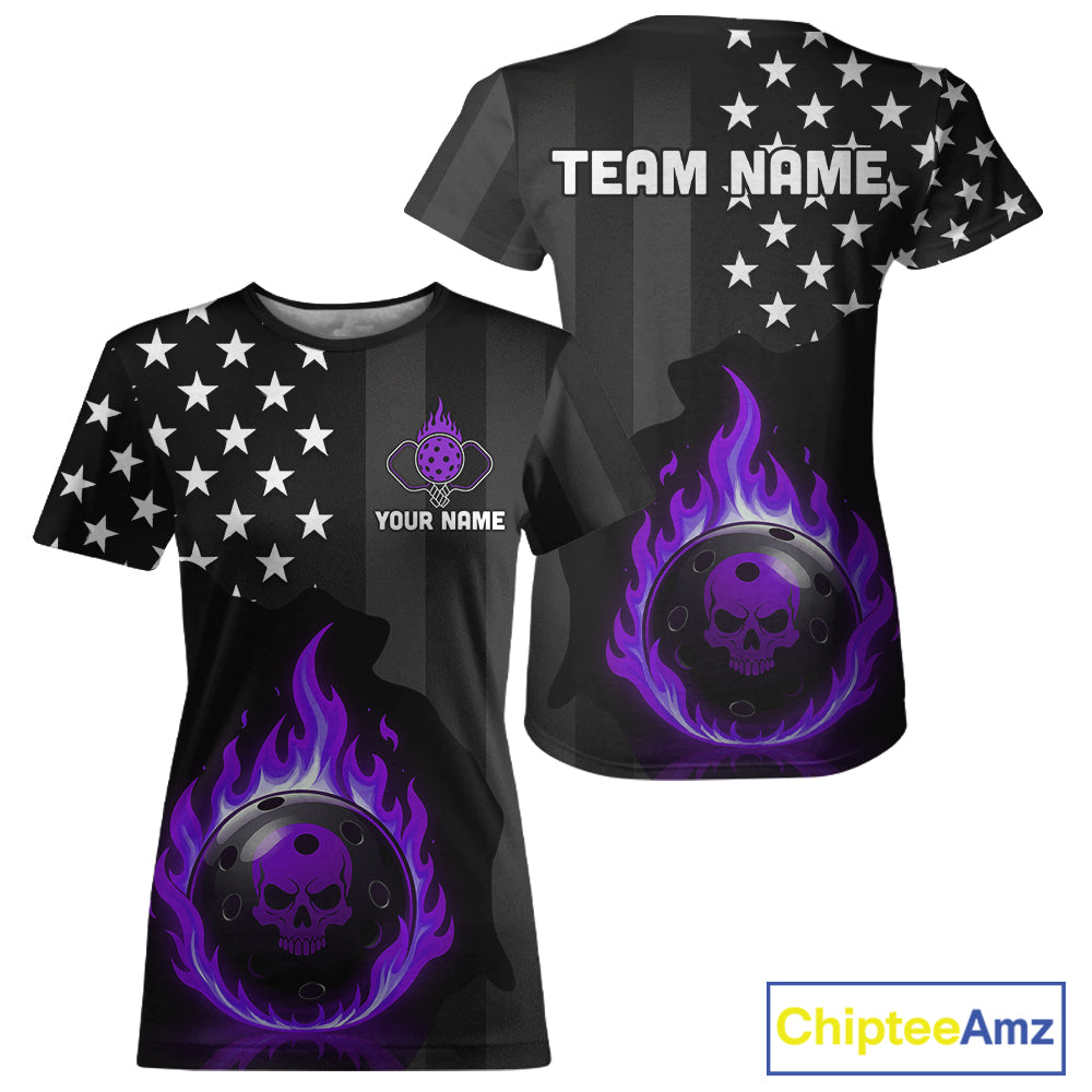 Custom Purple Flames Pickleball Ball 3D League Jerseys Pickleball US Flag Team Shirts