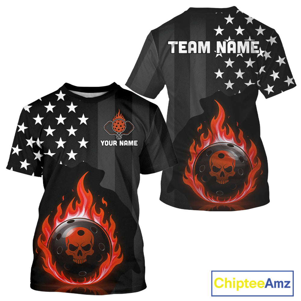 Custom Red Flames Pickleball Ball 3D League Jerseys Pickleball US Flag Team Shirts