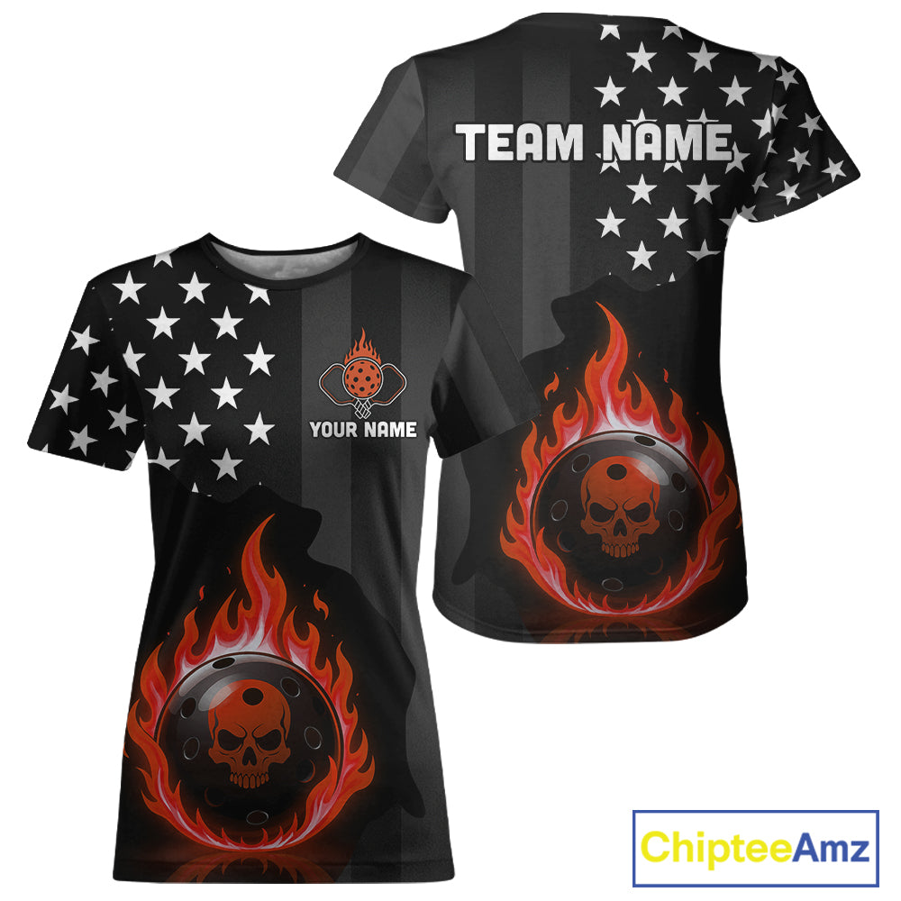 Custom Red Flames Pickleball Ball 3D League Jerseys Pickleball US Flag Team Shirts