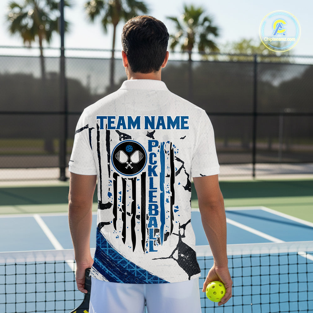 Custom White Grunge Blue Patriotic Pickleball League Jerseys US Flag Pickleball Shirts