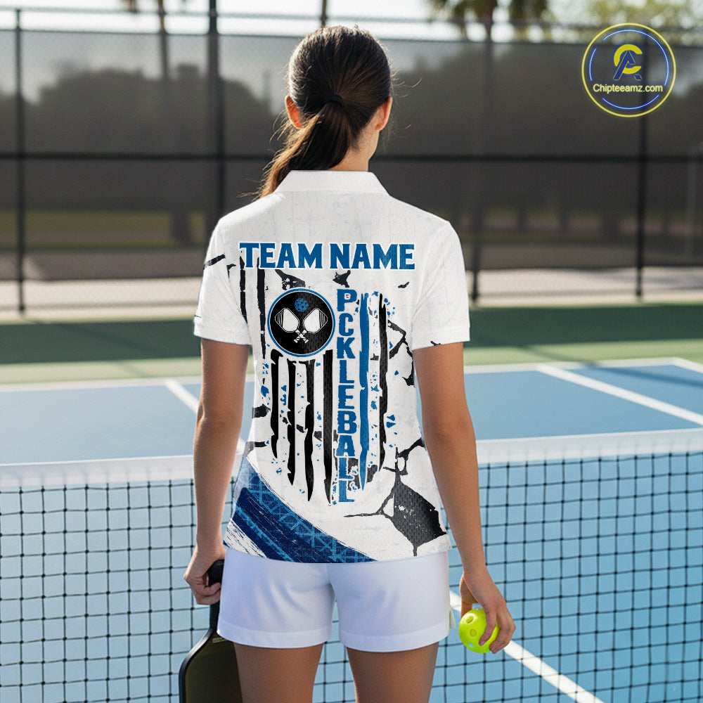Custom White Grunge Blue Patriotic Pickleball League Jerseys US Flag Pickleball Shirts