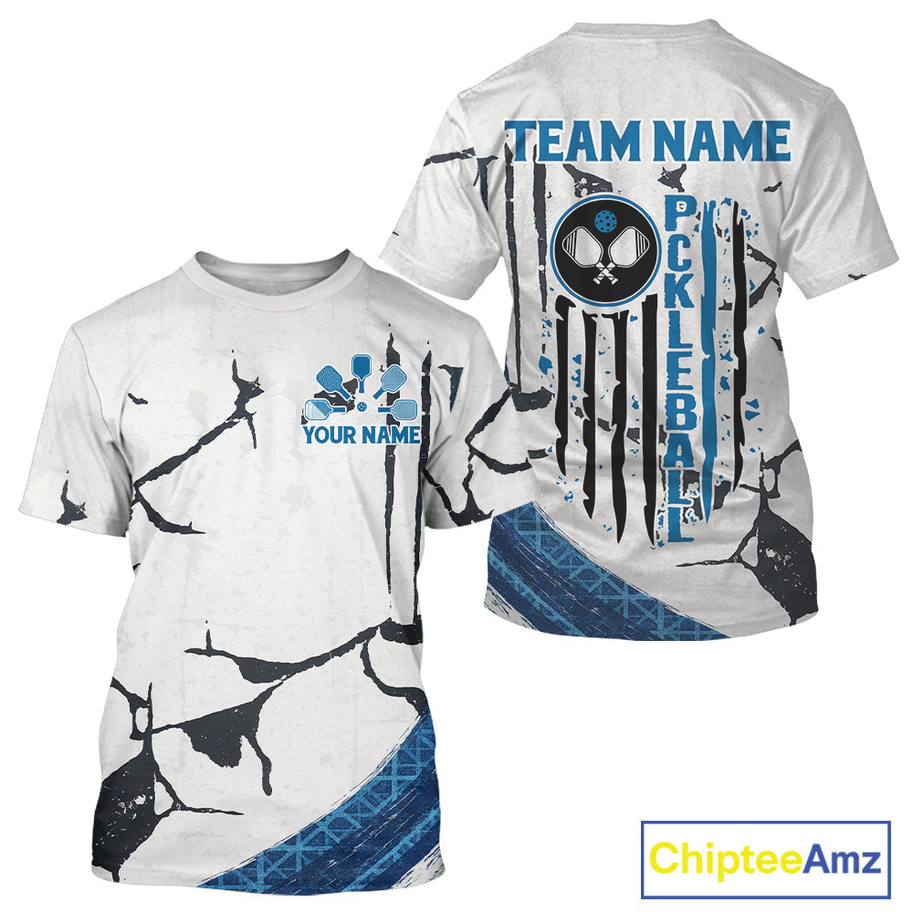 Custom White Grunge Blue Patriotic Pickleball League Jerseys US Flag Pickleball Shirts