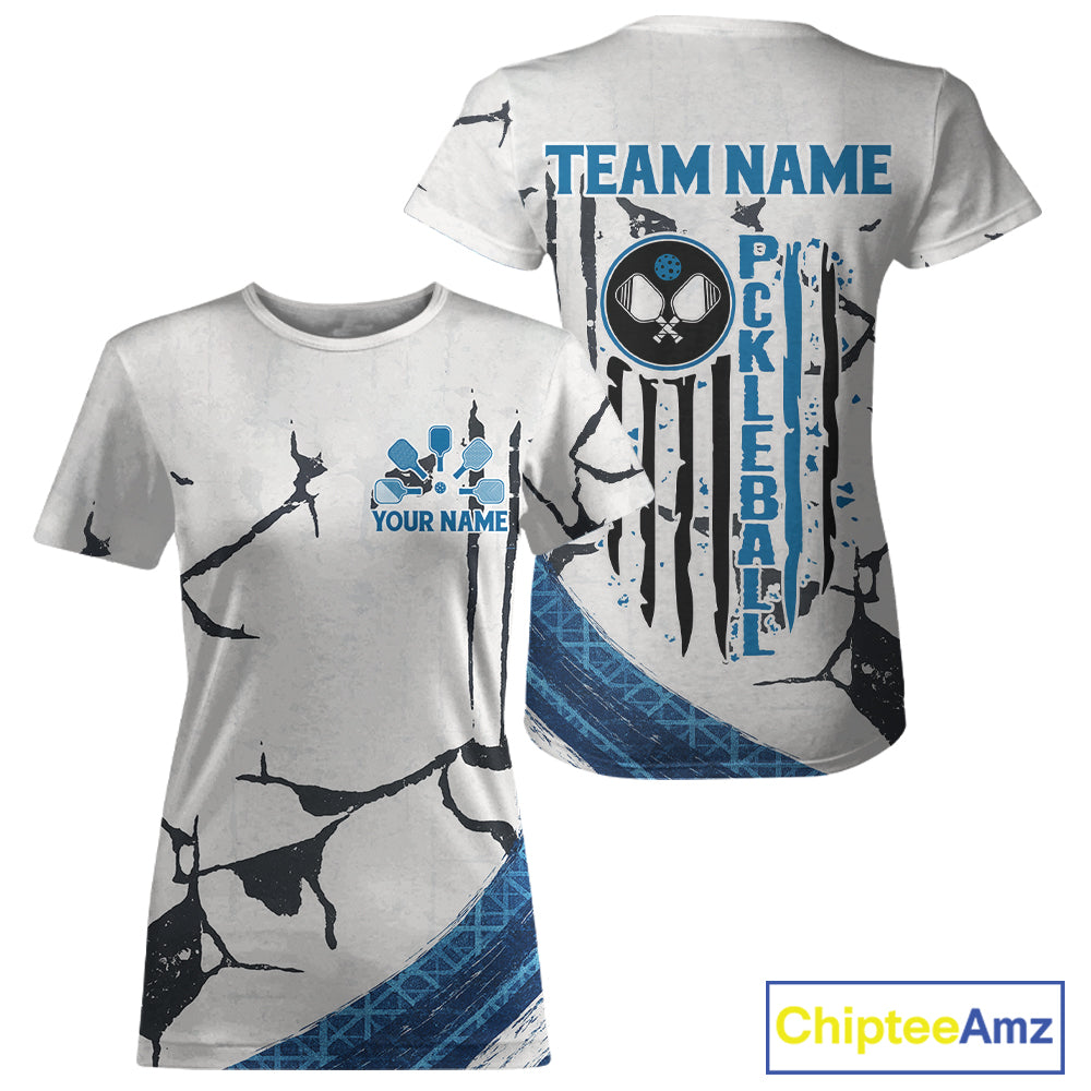 Custom White Grunge Blue Patriotic Pickleball League Jerseys US Flag Pickleball Shirts