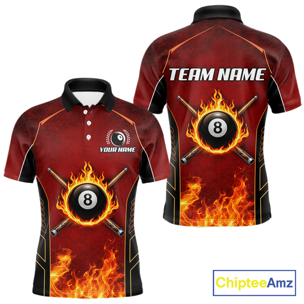 Red Billiard 8 Ball Cue Shirts Custom Fire Flame Pool Team Billiard Polo & 1/4 Zip Jerseys
