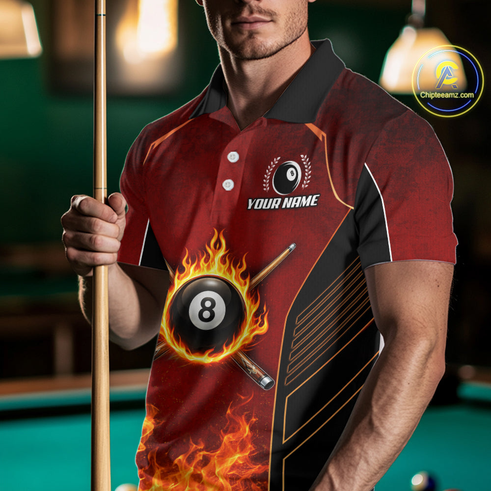 Red Billiard 8 Ball Cue Shirts Custom Fire Flame Pool Team Billiard Polo & 1/4 Zip Jerseys