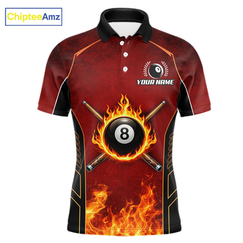Red Billiard 8 Ball Cue Shirts Custom Fire Flame Pool Team Billiard Polo & 1/4 Zip Jerseys