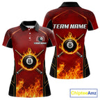 Red Billiard 8 Ball Cue Shirts Custom Fire Flame Pool Team Billiard Polo & 1/4 Zip Jerseys