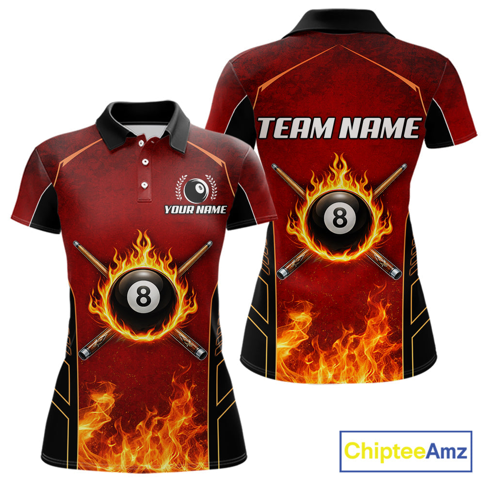 Red Billiard 8 Ball Cue Shirts Custom Fire Flame Pool Team Billiard Polo & 1/4 Zip Jerseys