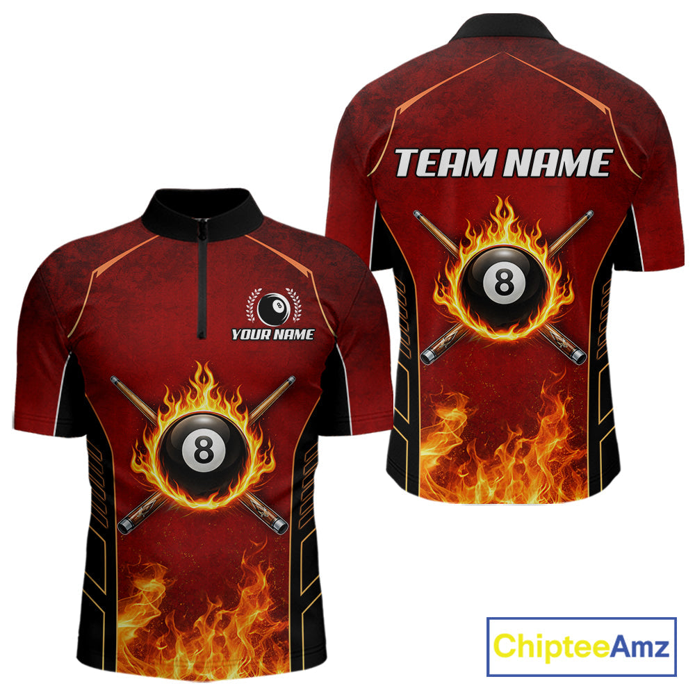 Red Billiard 8 Ball Cue Shirts Custom Fire Flame Pool Team Billiard Polo & 1/4 Zip Jerseys