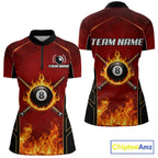 Red Billiard 8 Ball Cue Shirts Custom Fire Flame Pool Team Billiard Polo & 1/4 Zip Jerseys