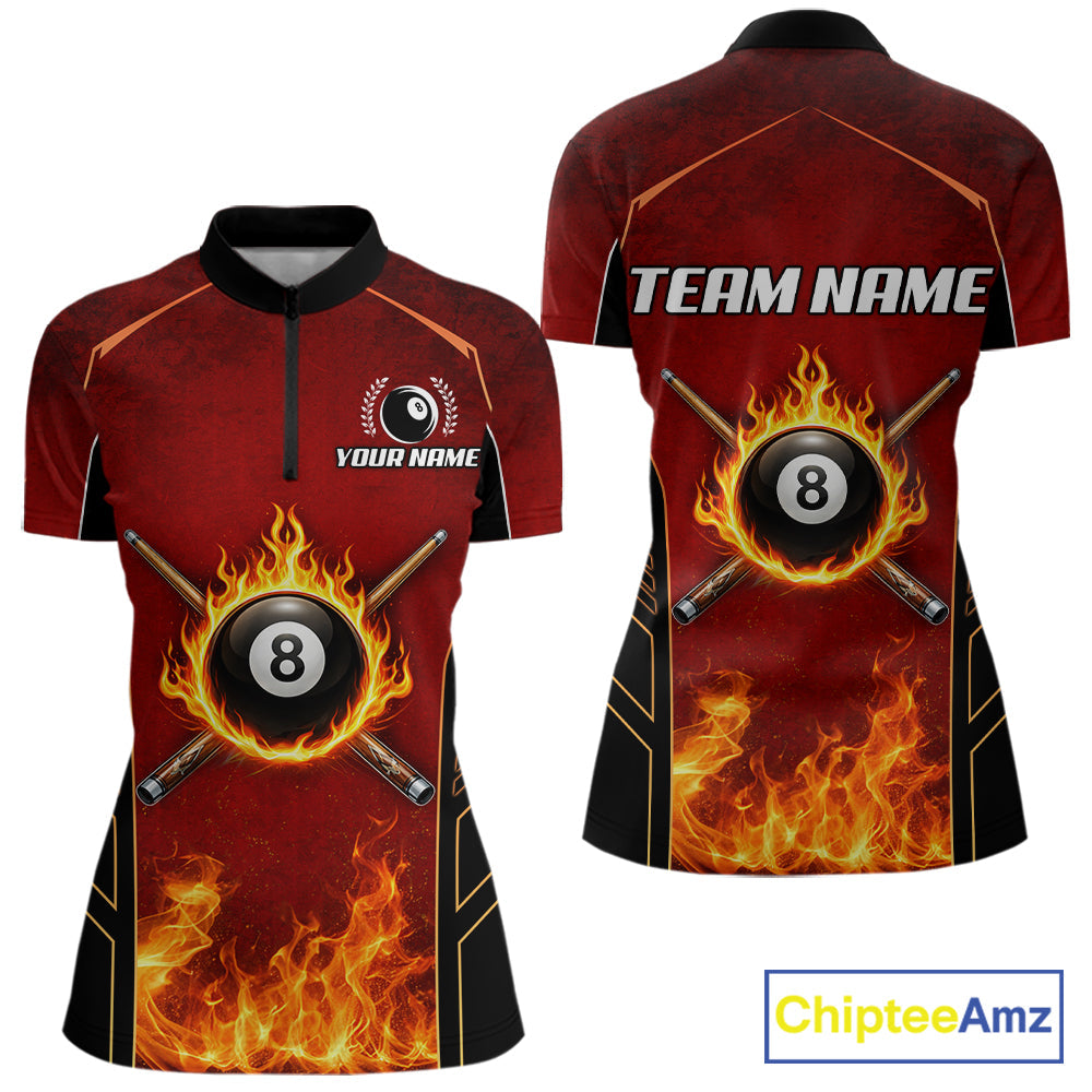 Red Billiard 8 Ball Cue Shirts Custom Fire Flame Pool Team Billiard Polo & 1/4 Zip Jerseys