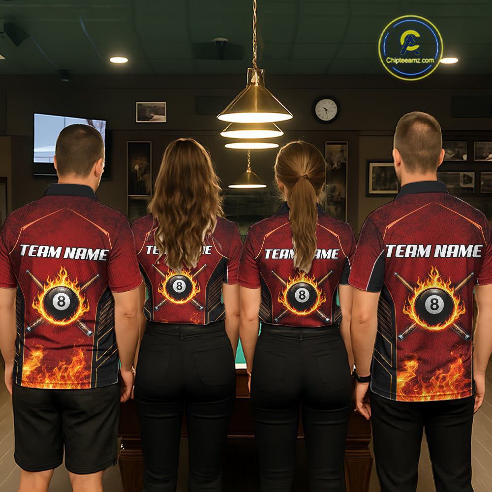 Red Billiard 8 Ball Cue Shirts Custom Fire Flame Pool Team Billiard Polo & 1/4 Zip Jerseys
