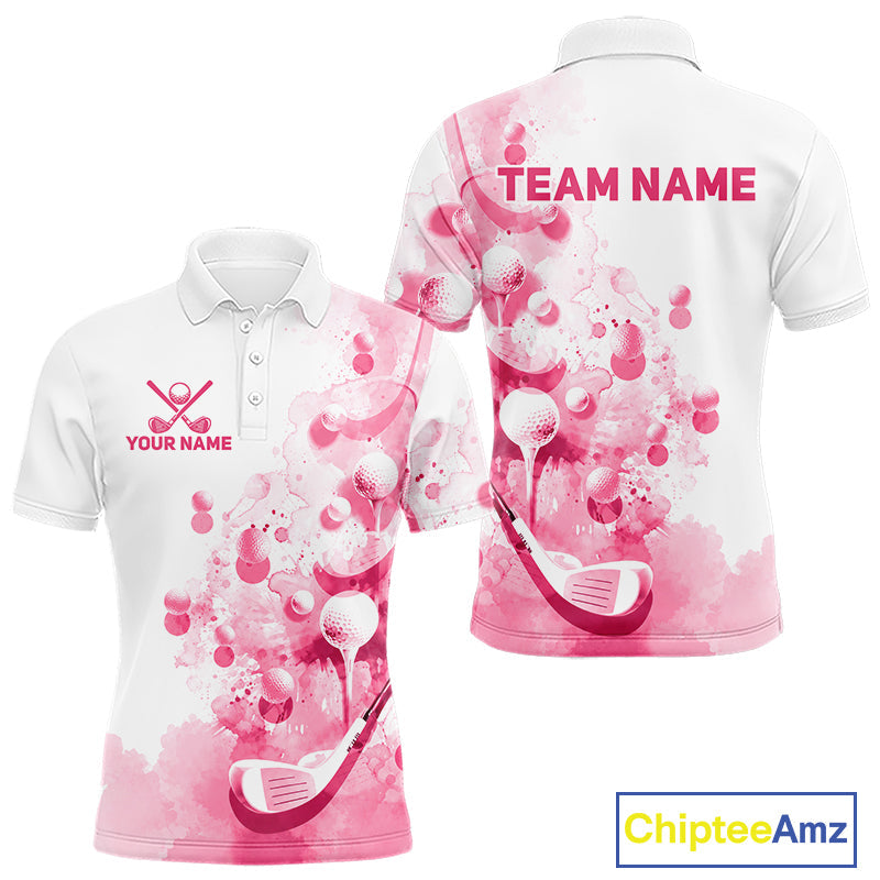 Pink Splatter Golf Ball & Clubs Team Apparel Polo Shirts Custom Golf Shirt