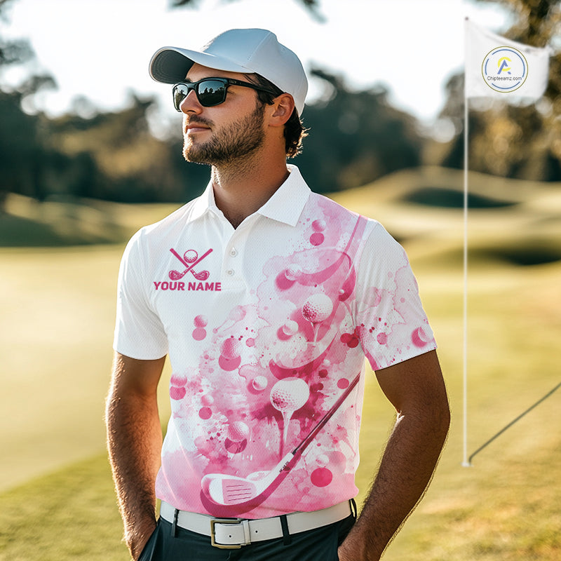 Pink Splatter Golf Ball & Clubs Team Apparel Polo Shirts Custom Golf Shirt