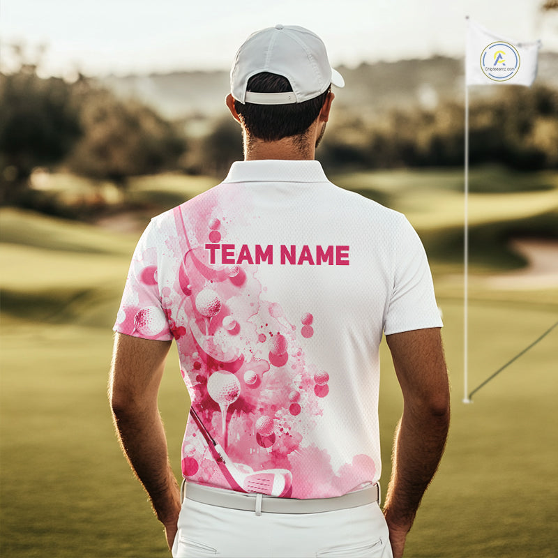 Pink Splatter Golf Ball & Clubs Team Apparel Polo Shirts Custom Golf Shirt