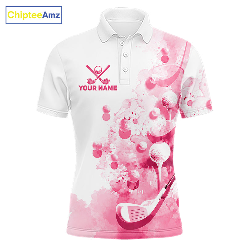 Pink Splatter Golf Ball & Clubs Team Apparel Polo Shirts Custom Golf Shirt