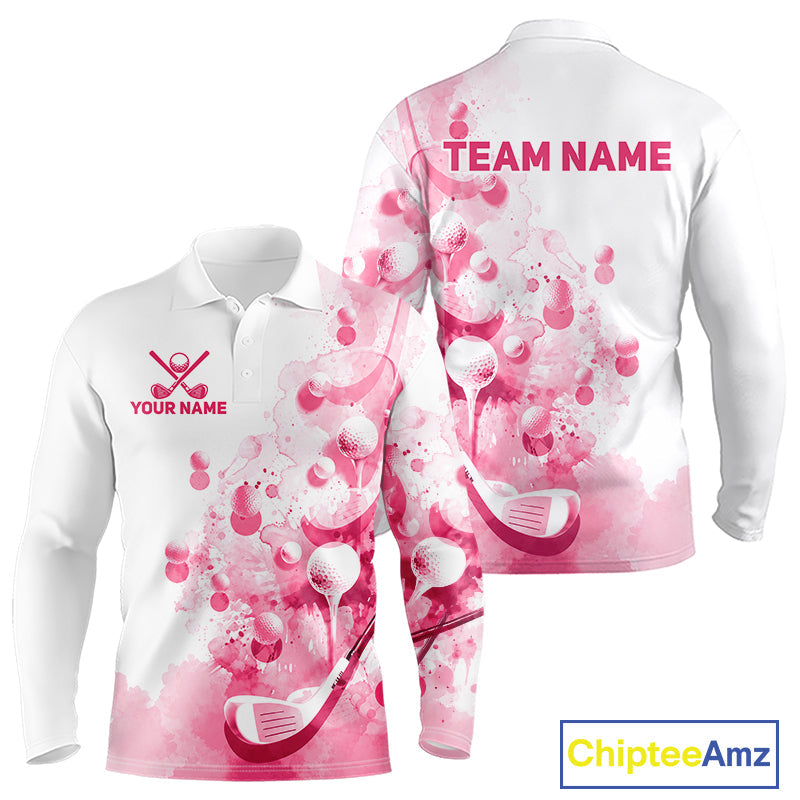 Pink Splatter Golf Ball & Clubs Team Apparel Polo Shirts Custom Golf Shirt