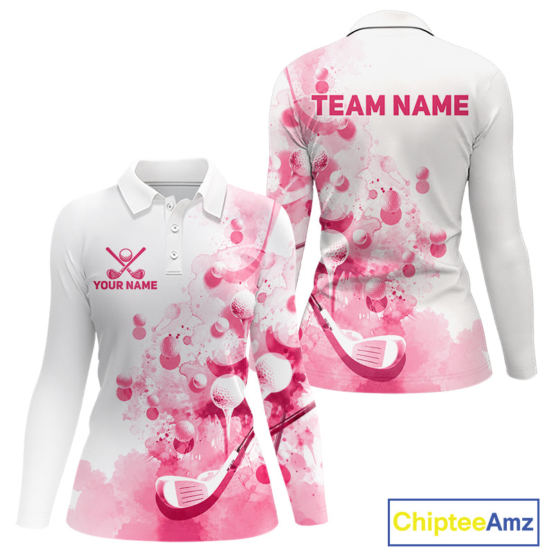 Pink Splatter Golf Ball & Clubs Team Apparel Polo Shirts Custom Golf Shirt