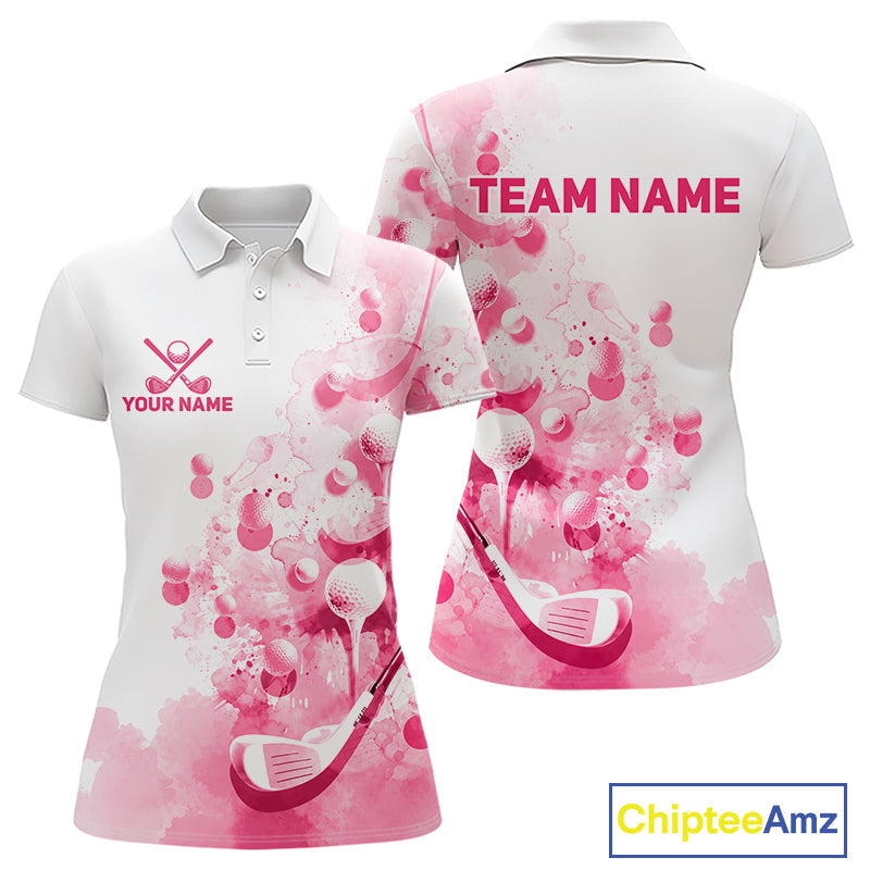 Pink Splatter Golf Ball & Clubs Team Apparel Polo Shirts Custom Golf Shirt