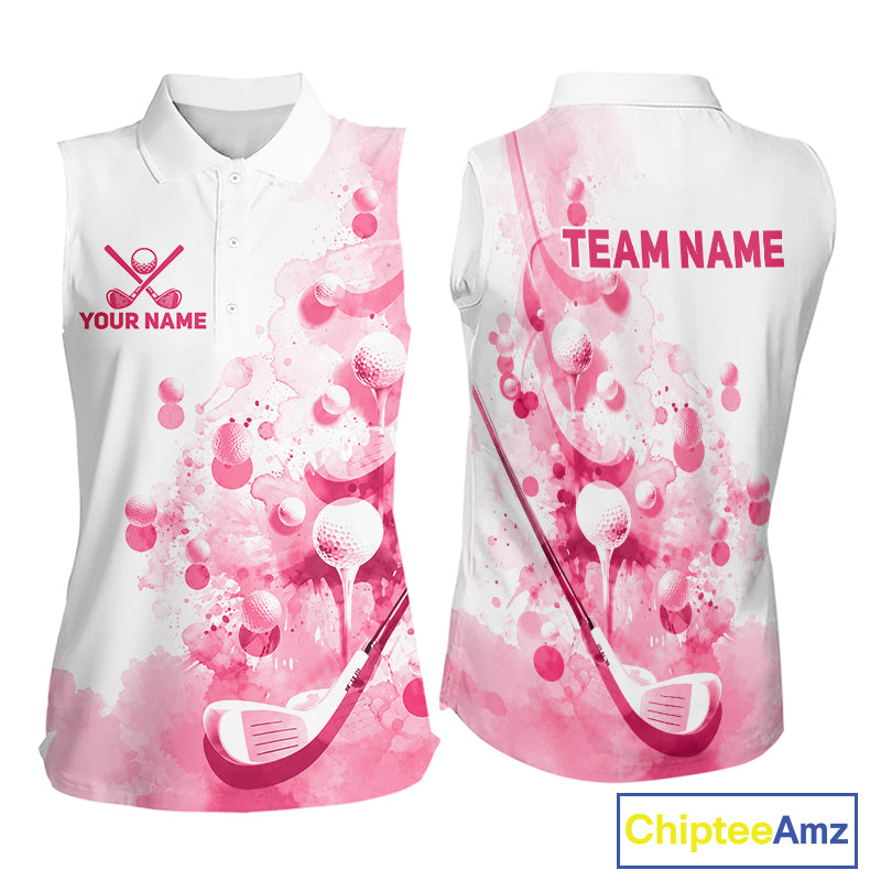 Pink Splatter Golf Ball & Clubs Team Apparel Sleeveless Polo Shirts Custom Golf Shirt
