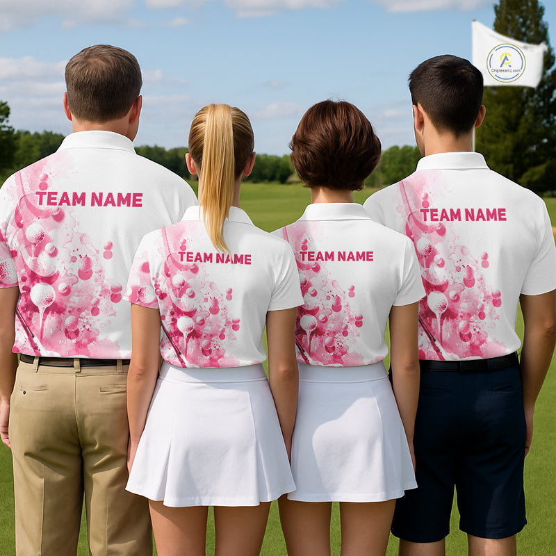 Pink Splatter Golf Ball & Clubs Team Apparel Polo Shirts Custom Golf Shirt