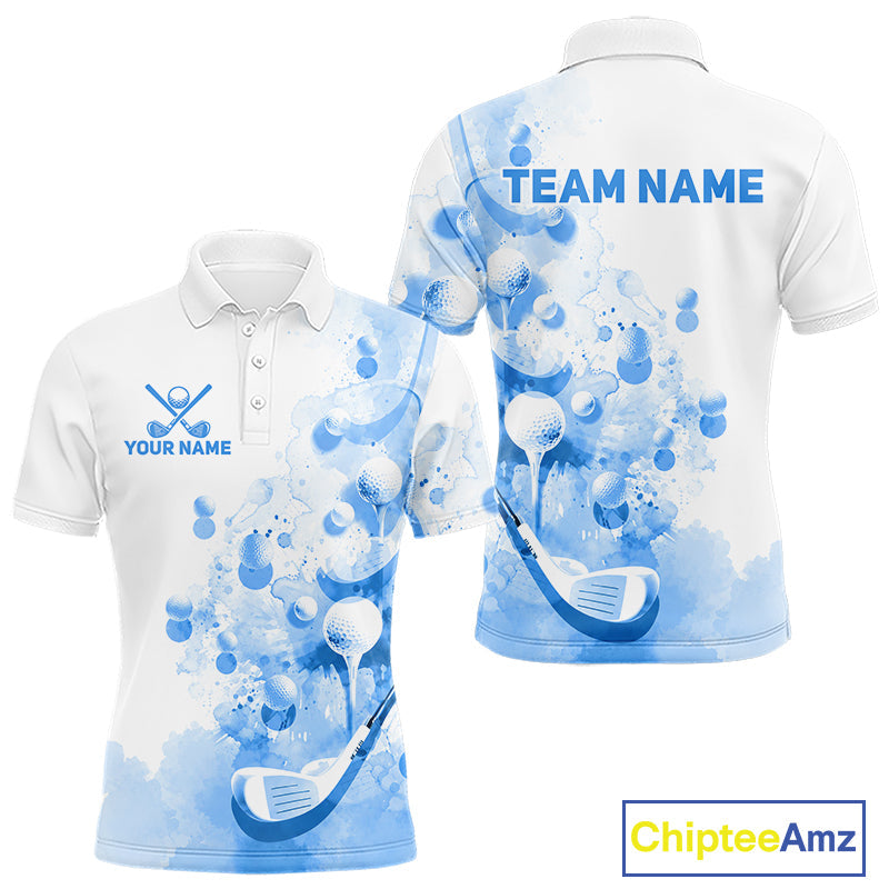 Blue Splatter Golf Ball & Clubs Team Apparel Polo Shirts Custom Golf Shirt