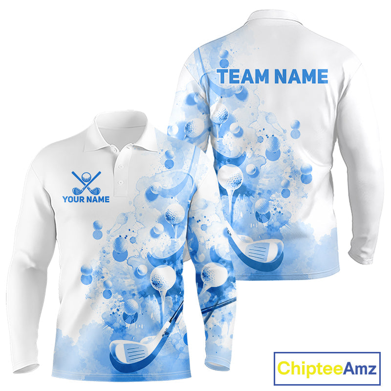Blue Splatter Golf Ball & Clubs Team Apparel Polo Shirts Custom Golf Shirt
