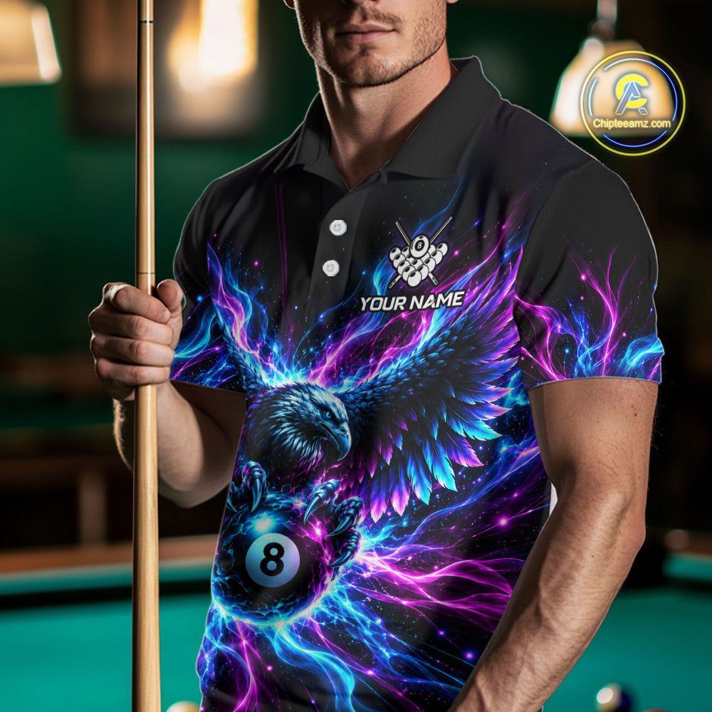 Neon Eagle Billiard Polo 1/4-Zip Shirt Personalized Pink & Blue Fire 8 Ball Billiard Team Jersey