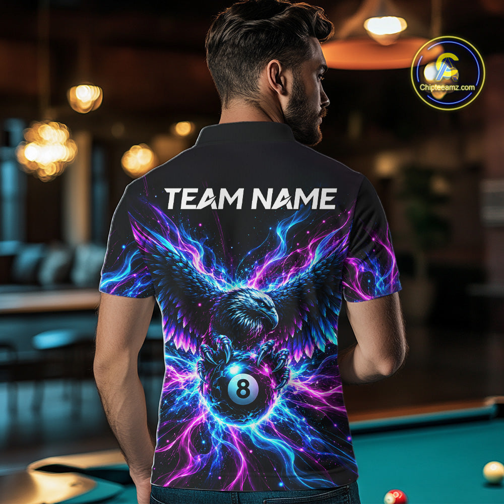 Neon Eagle Billiard Polo 1/4-Zip Shirt Personalized Pink & Blue Fire 8 Ball Billiard Team Jersey