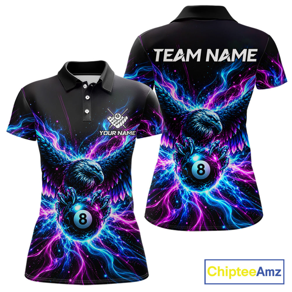Neon Eagle Billiard Polo 1/4-Zip Shirt Personalized Pink & Blue Fire 8 Ball Billiard Team Jersey