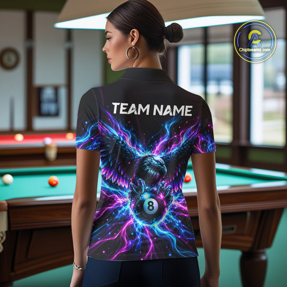 Neon Eagle Billiard Polo 1/4-Zip Shirt Personalized Pink & Blue Fire 8 Ball Billiard Team Jersey