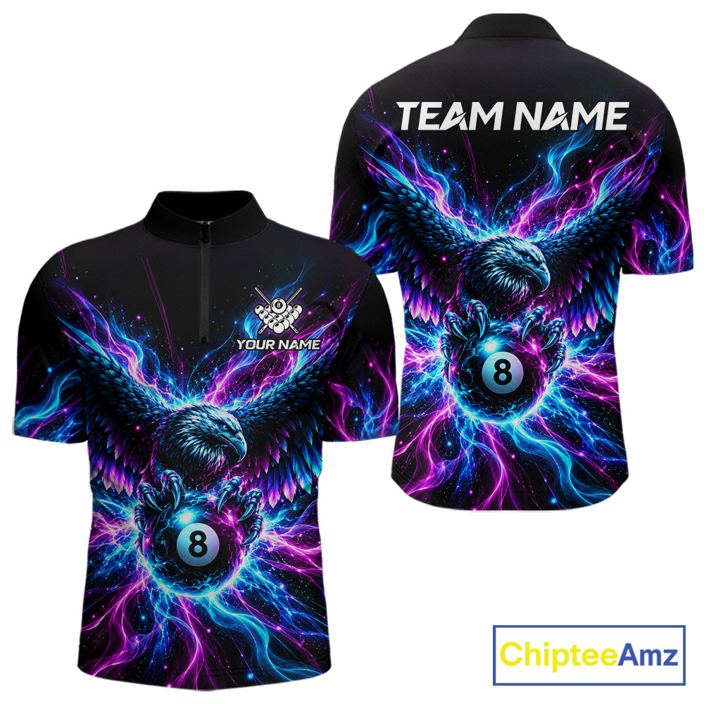 Neon Eagle Billiard Polo 1/4-Zip Shirt Personalized Pink & Blue Fire 8 Ball Billiard Team Jersey