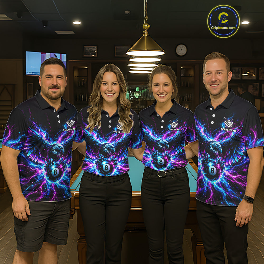 Neon Eagle Billiard Polo 1/4-Zip Shirt Personalized Pink & Blue Fire 8 Ball Billiard Team Jersey