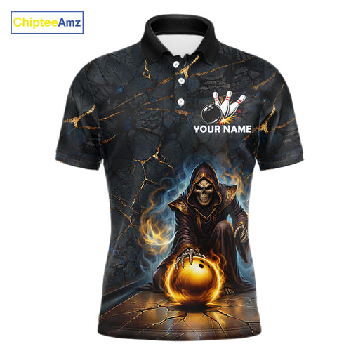Flame Grim Reaper Custom Bowling Polo & Quarter-Zip Shirts Gold Bowling Ball League Jerseys
