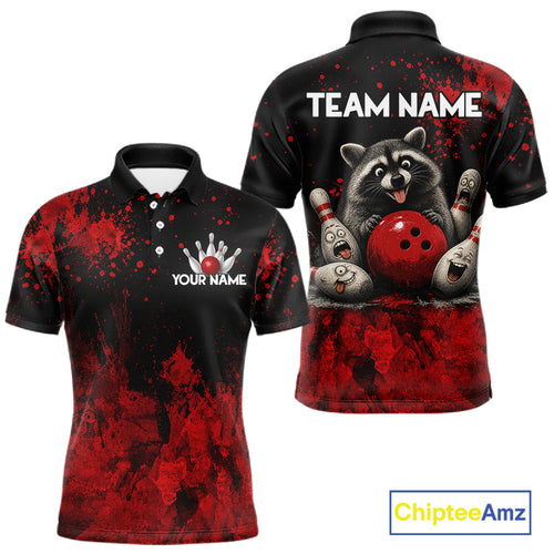 Red Splatter Cute Raccoon Bowling Shirts Custom Funny Bowling Pins Team Jerseys For Bowlers
