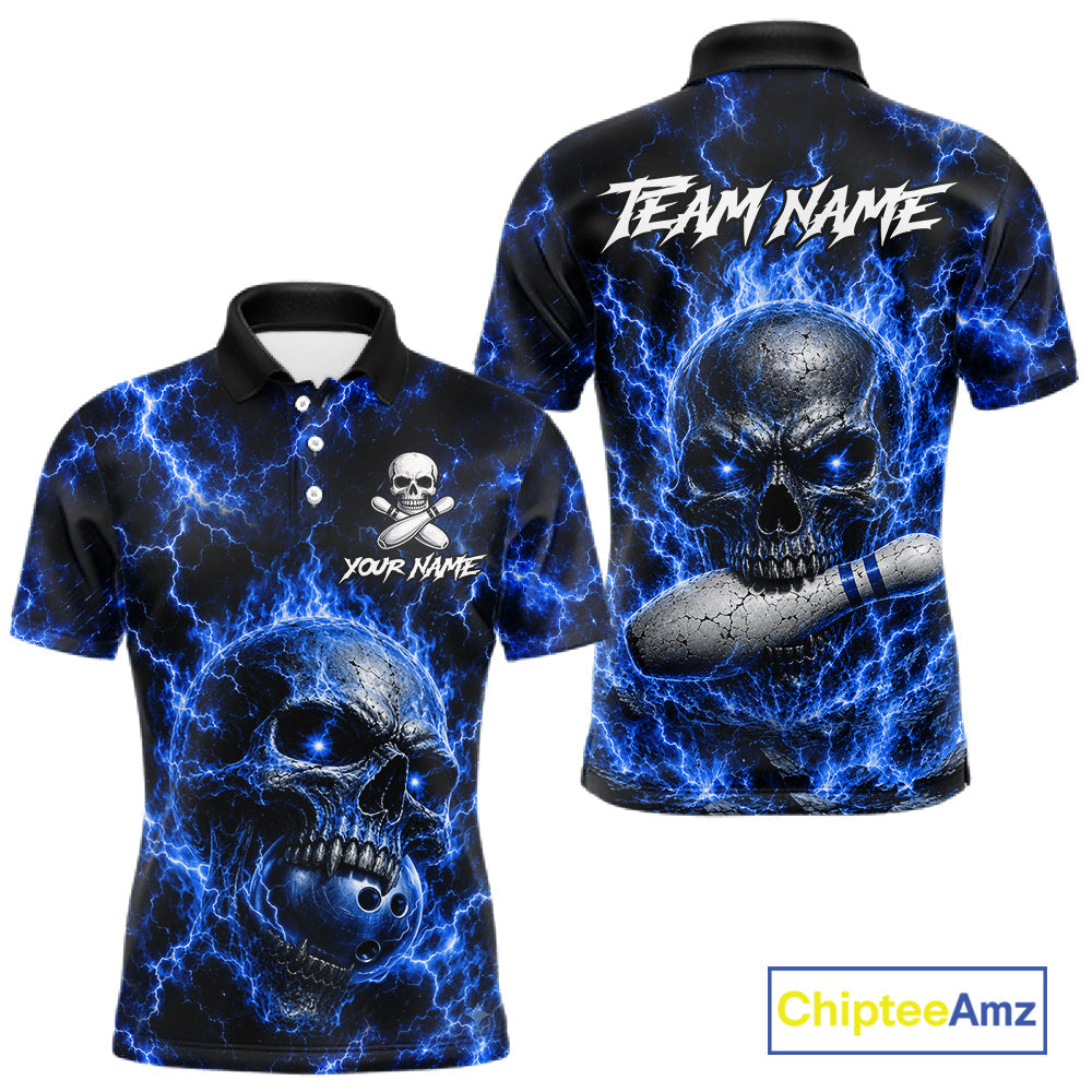 Blue Skull Bowling Shirts Custom Thunder Lightning Bowling Team Jerseys, Bowling Gifts