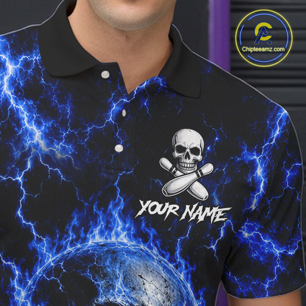 Blue Skull Bowling Shirts Custom Thunder Lightning Bowling Team Jerseys, Bowling Gifts