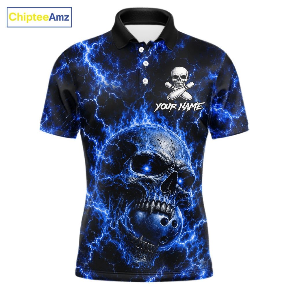 Blue Skull Bowling Shirts Custom Thunder Lightning Bowling Team Jerseys, Bowling Gifts