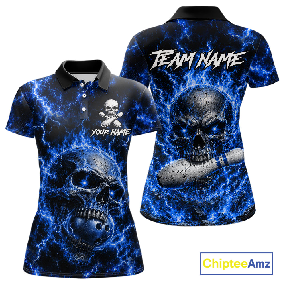 Blue Skull Bowling Shirts Custom Thunder Lightning Bowling Team Jerseys, Bowling Gifts