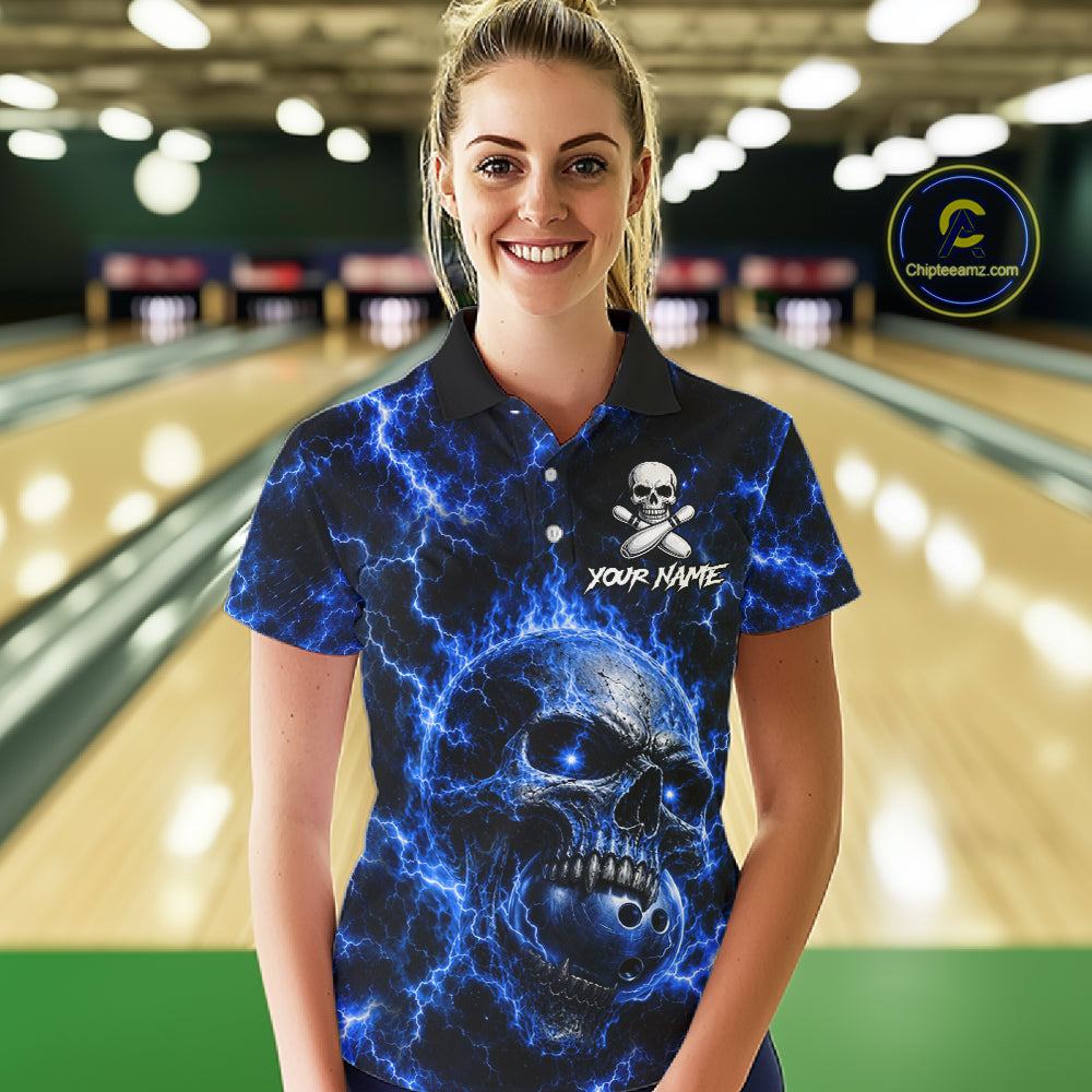 Blue Skull Bowling Shirts Custom Thunder Lightning Bowling Team Jerseys, Bowling Gifts