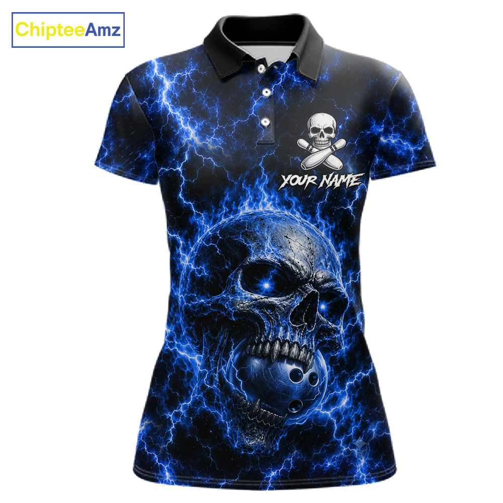Blue Skull Bowling Shirts Custom Thunder Lightning Bowling Team Jerseys, Bowling Gifts