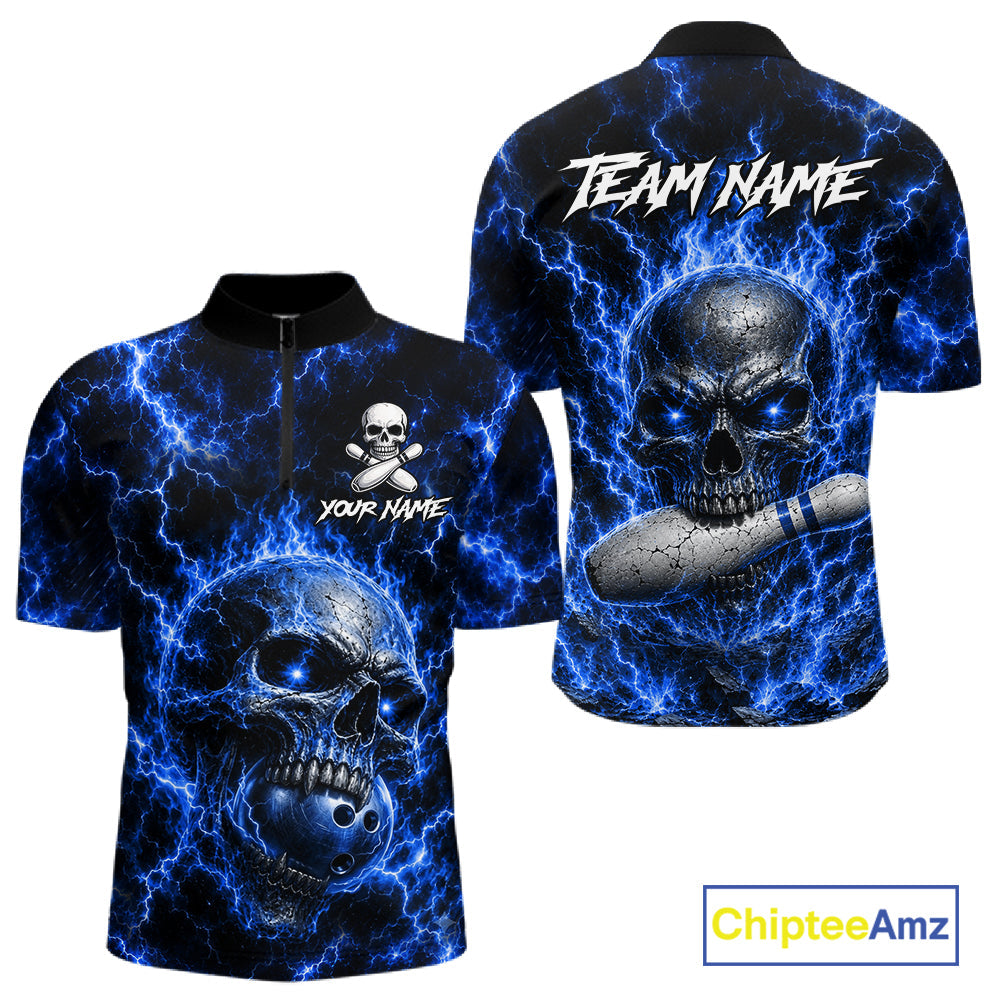 Blue Skull Bowling Shirts Custom Thunder Lightning Bowling Team Jerseys, Bowling Gifts