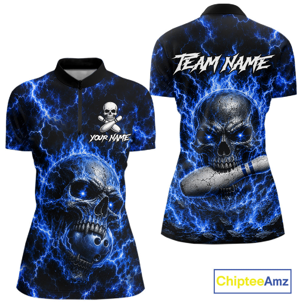 Blue Skull Bowling Shirts Custom Thunder Lightning Bowling Team Jerseys, Bowling Gifts