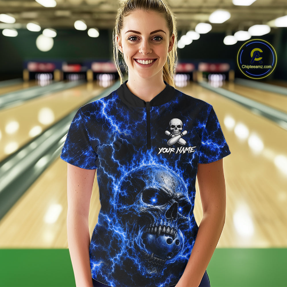 Blue Skull Bowling Shirts Custom Thunder Lightning Bowling Team Jerseys, Bowling Gifts
