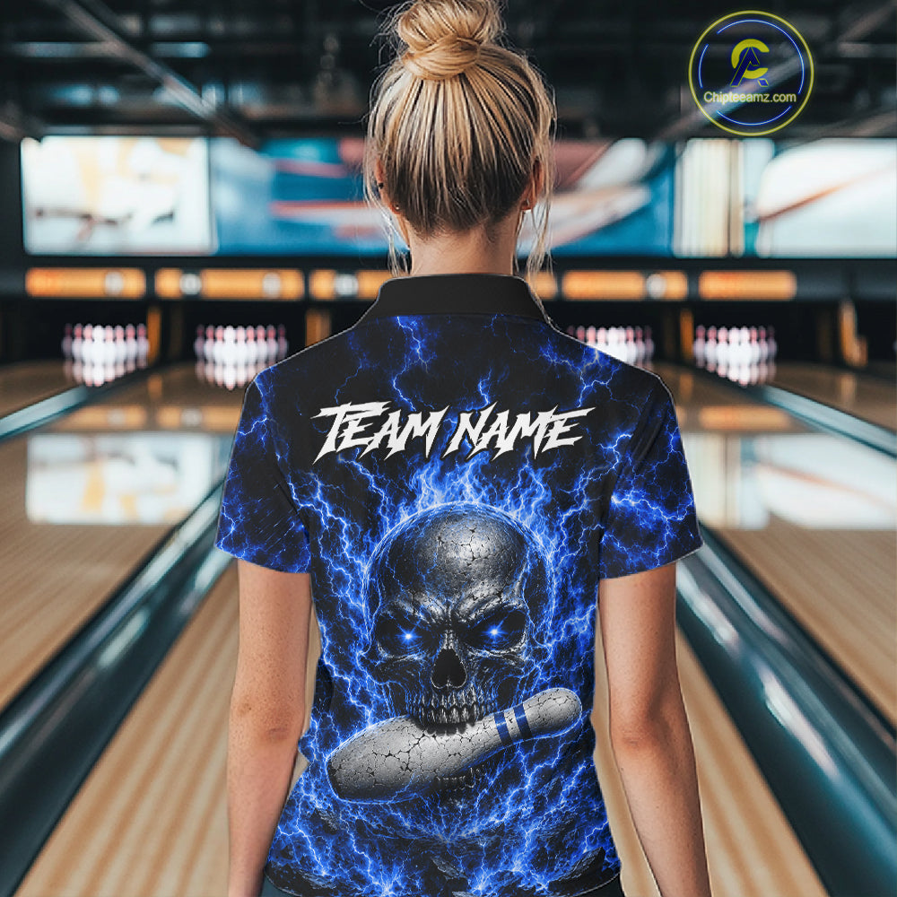 Blue Skull Bowling Shirts Custom Thunder Lightning Bowling Team Jerseys, Bowling Gifts