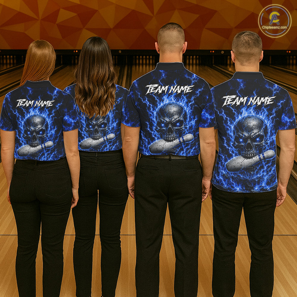 Blue Skull Bowling Shirts Custom Thunder Lightning Bowling Team Jerseys, Bowling Gifts