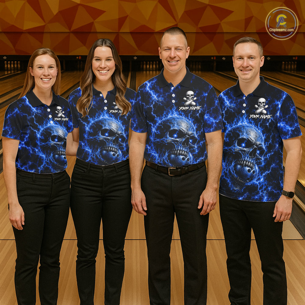 Blue Skull Bowling Shirts Custom Thunder Lightning Bowling Team Jerseys, Bowling Gifts