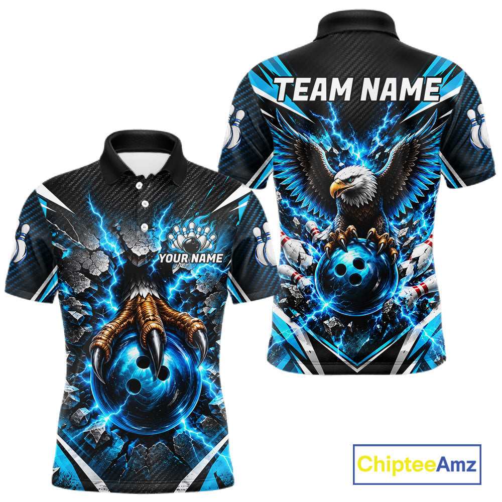 Personalized Eagle Bowling Ball Polo 1/4-Zip Shirt Thunder Blue Lightning Bowling Team Jersey