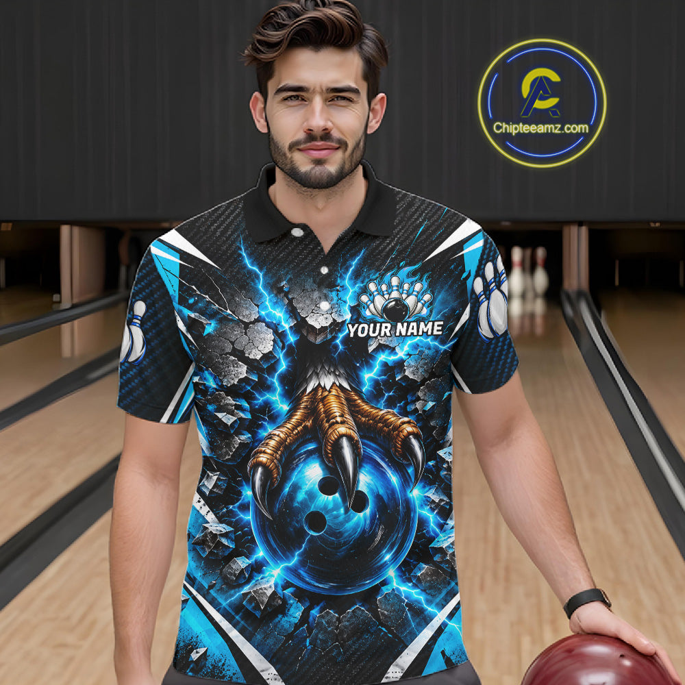 Personalized Eagle Bowling Ball Polo 1/4-Zip Shirt Thunder Blue Lightning Bowling Team Jersey